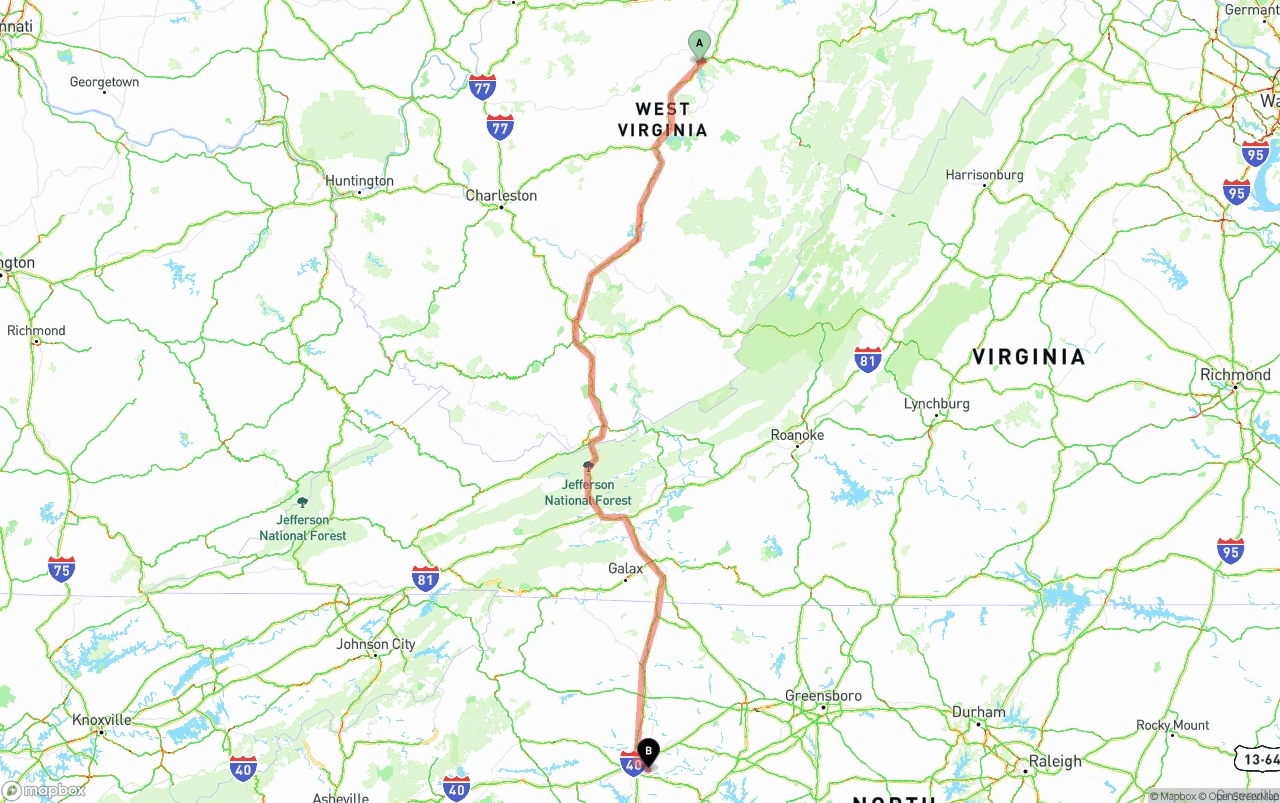 Shipping route from West Virginia to North Carolina