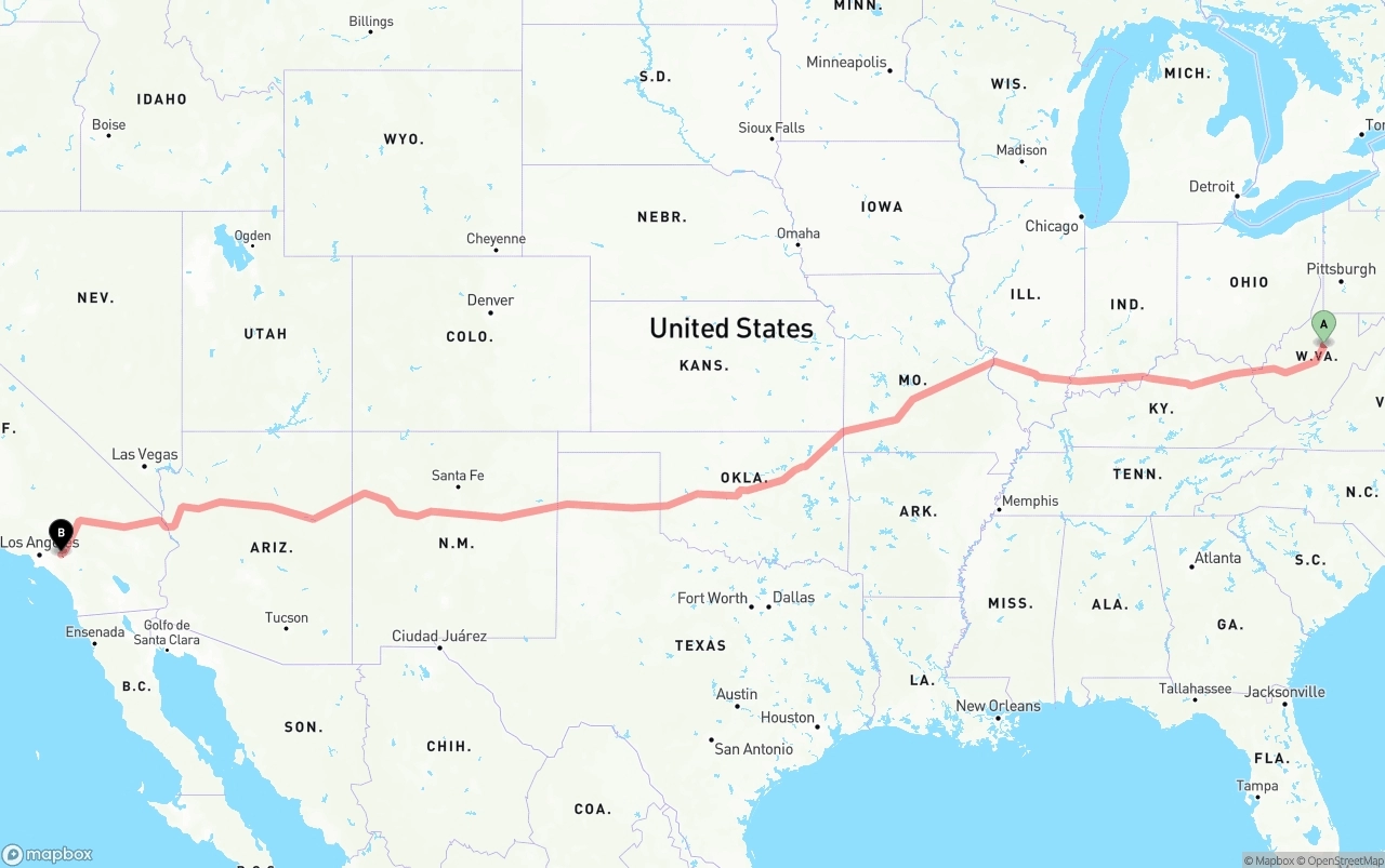 Shipping route from West Virginia to Ontario International Airport