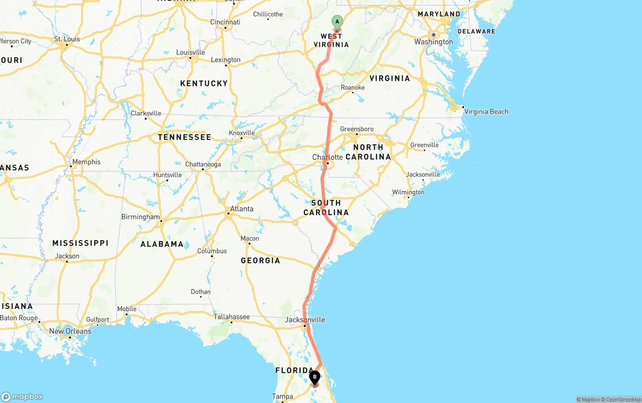 Shipping route from West Virginia to Orlando International Airport