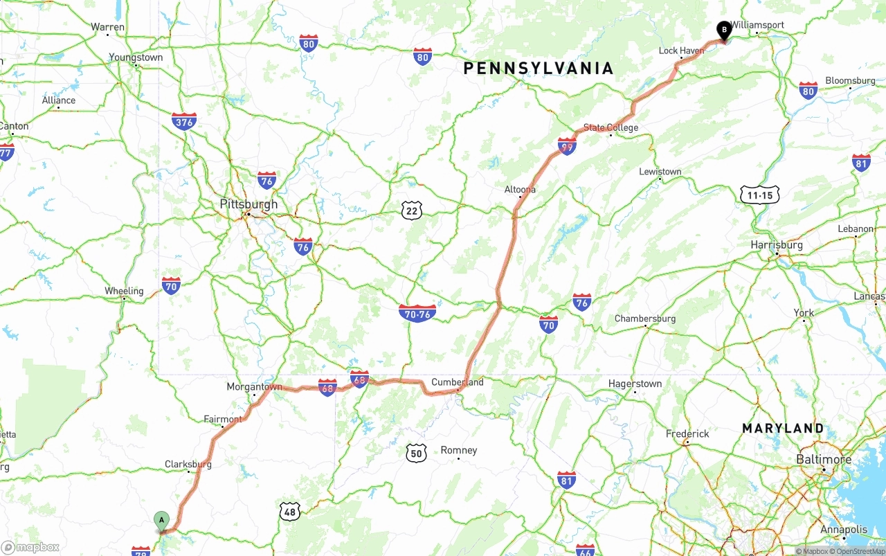 Shipping route from West Virginia to Pennsylvania