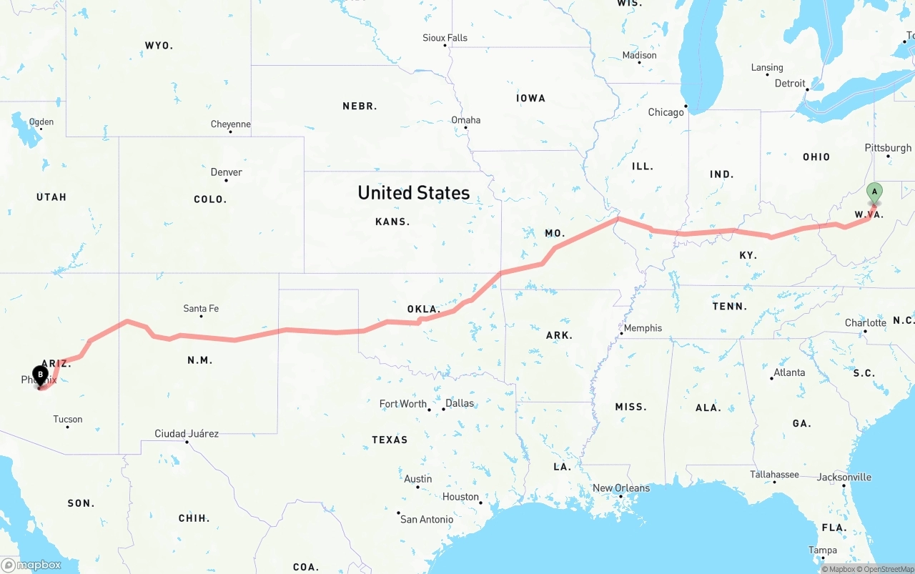 Shipping route from West Virginia to Phoenix Sky Harbor International Airport