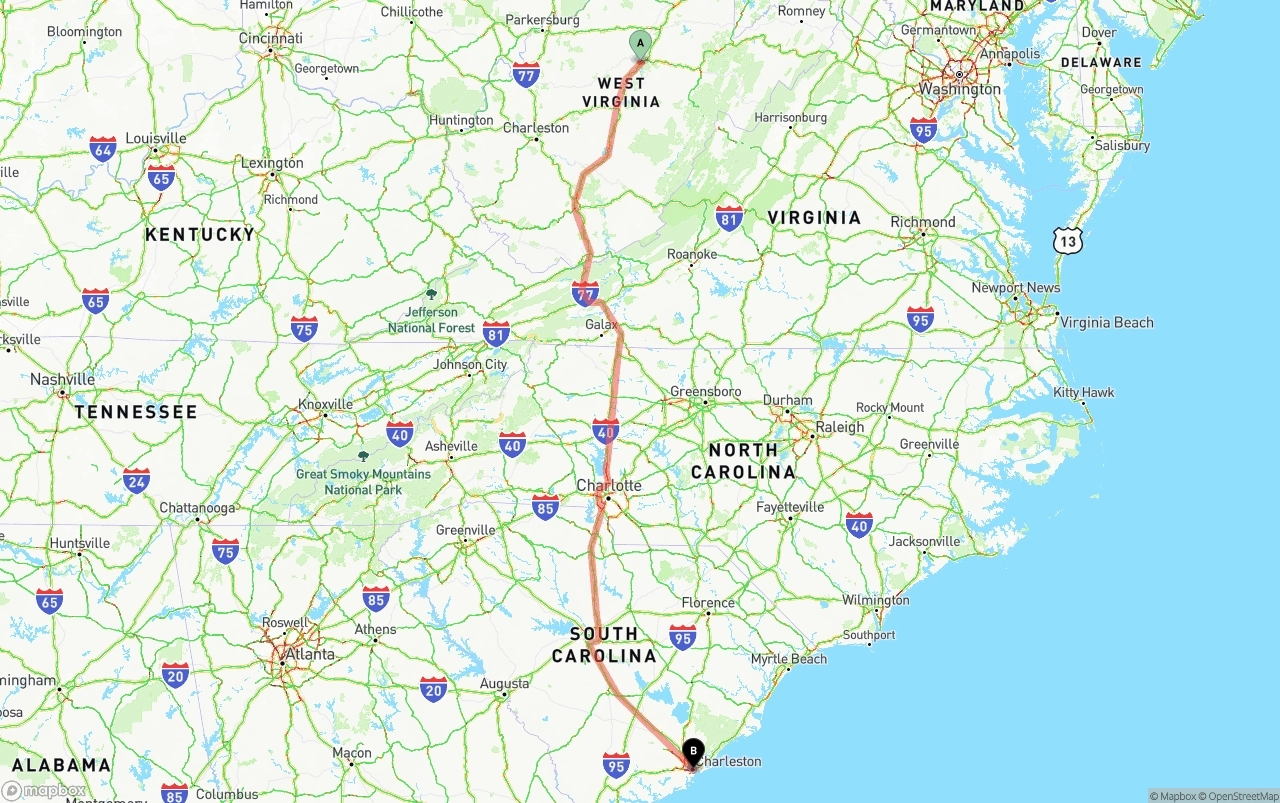 Shipping route from West Virginia to Port of Charleston