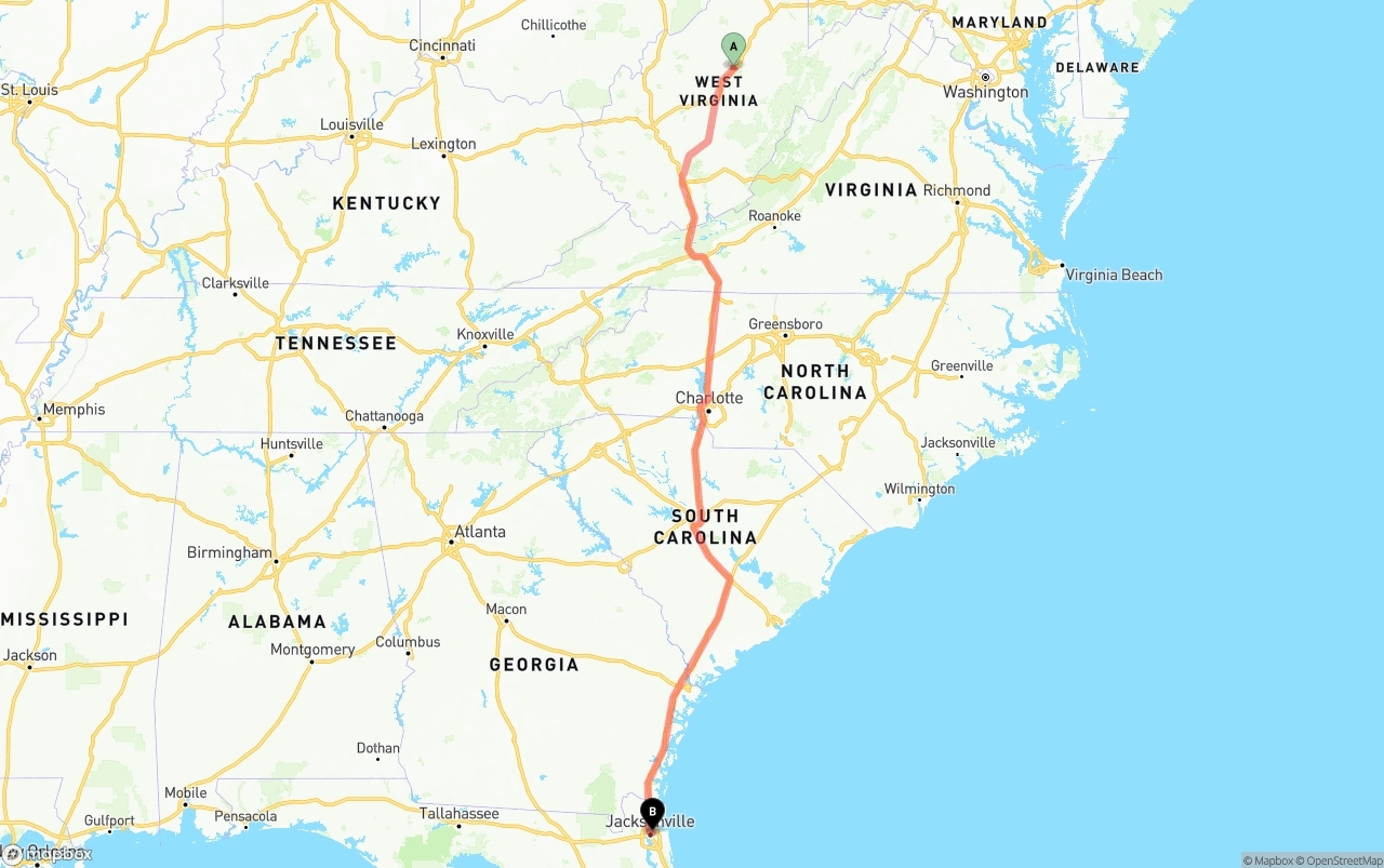 Shipping route from West Virginia to Port of Jacksonville