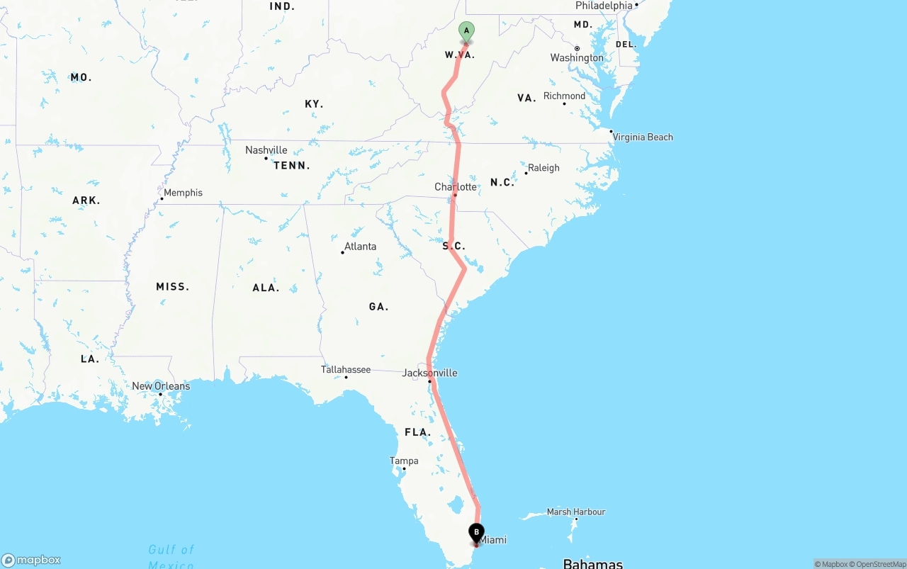 Shipping route from West Virginia to Port of Miami