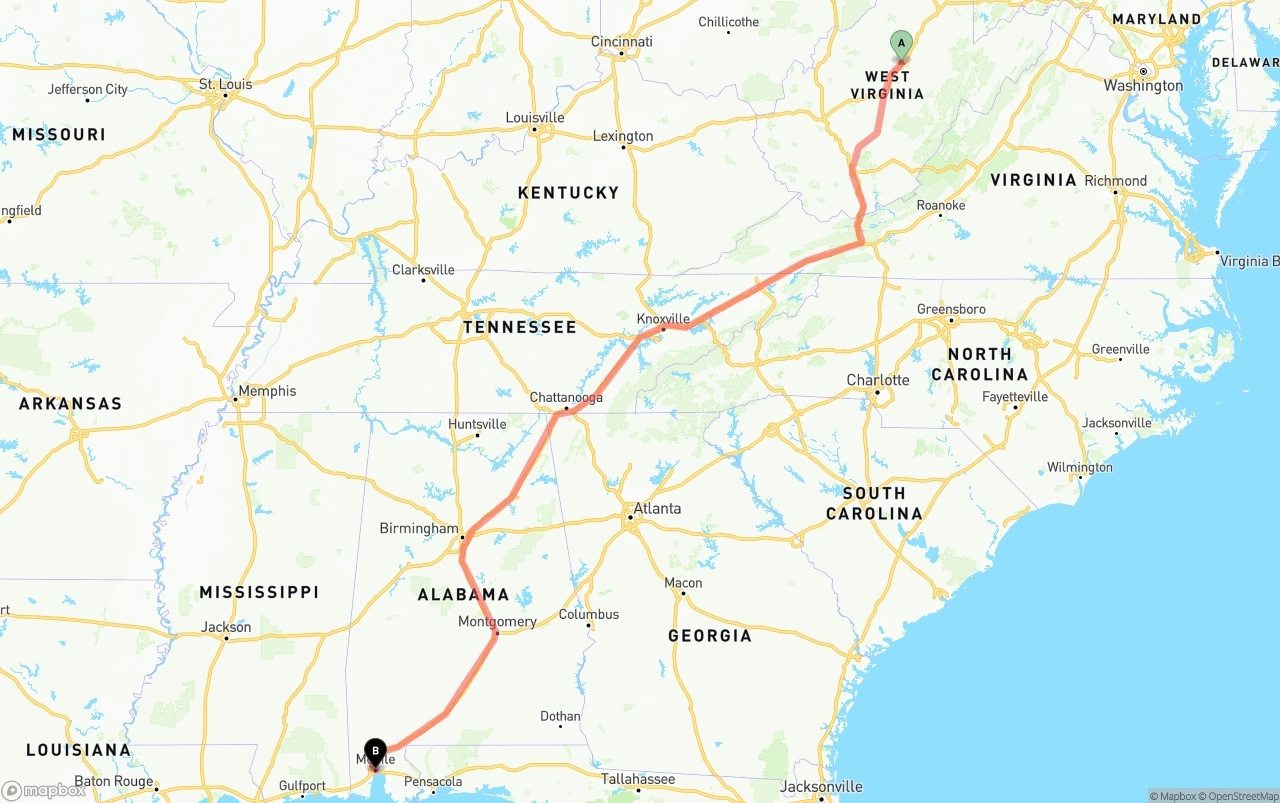 Shipping route from West Virginia to Port of Mobile