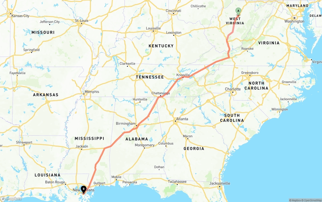 Shipping route from West Virginia to Port of New Orleans