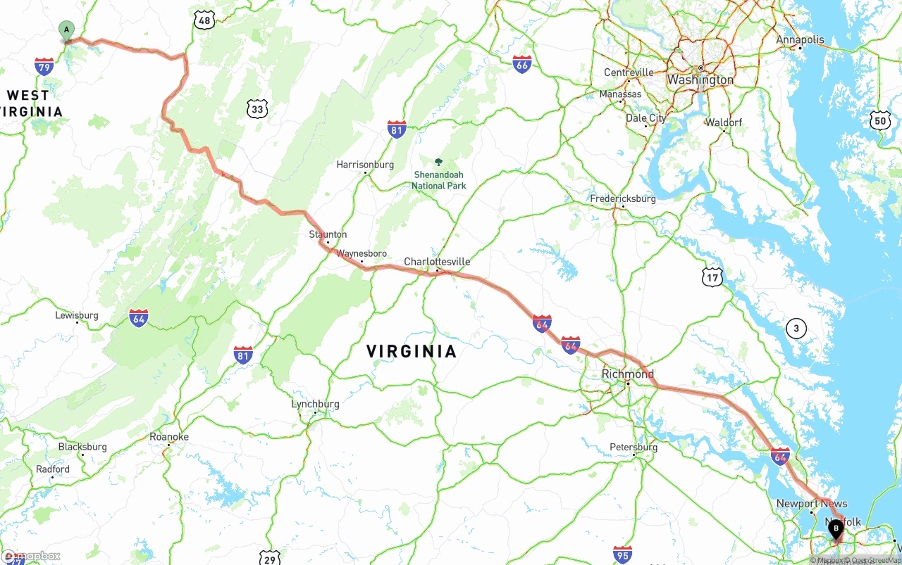 Shipping route from West Virginia to Port of Norfolk