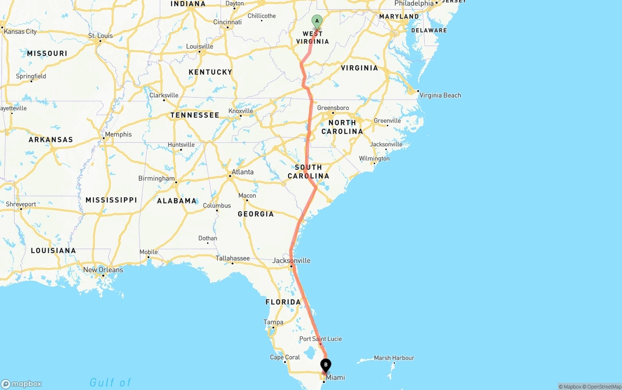 Shipping route from West Virginia to Port of Port Everglades