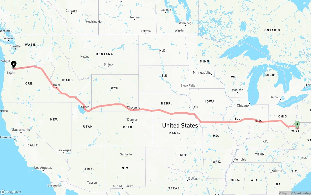 Shipping route from West Virginia to Port of Portland