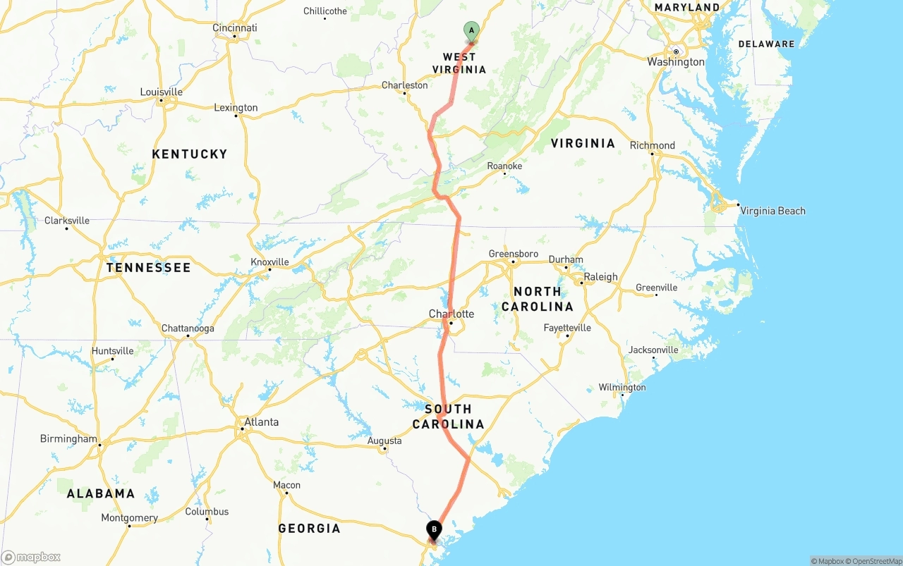 Shipping route from West Virginia to Port of Savannah