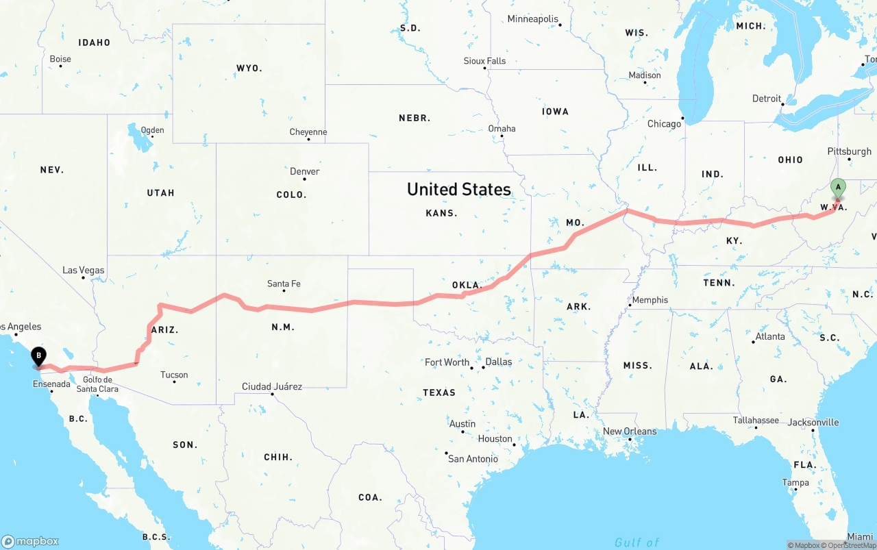 Shipping route from West Virginia to San Diego International Airport