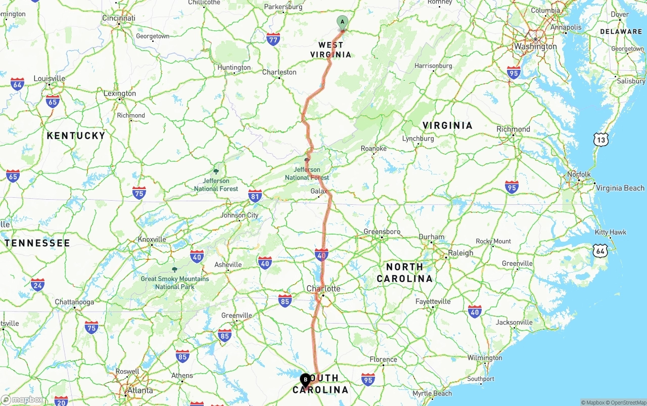Shipping route from West Virginia to South Carolina