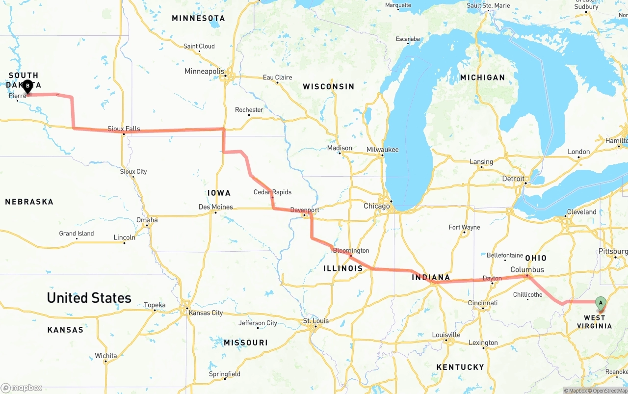 Shipping route from West Virginia to South Dakota