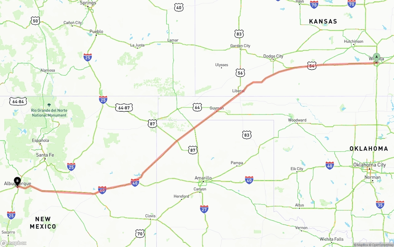 Shipping route from Wichita to Albuquerque