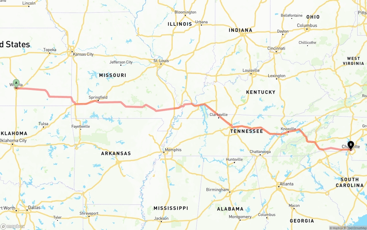 Shipping route from Wichita to Charlotte