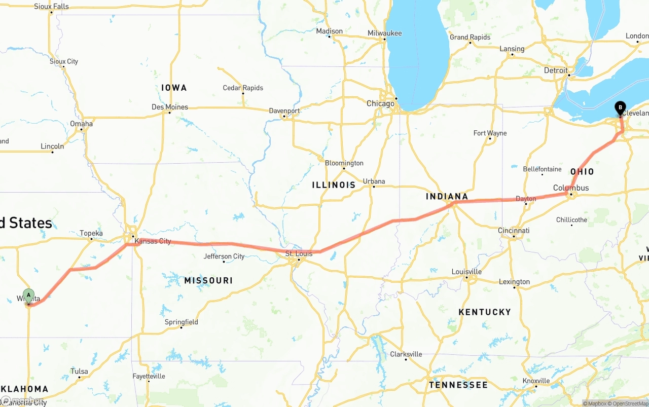 Shipping route from Wichita to Cleveland