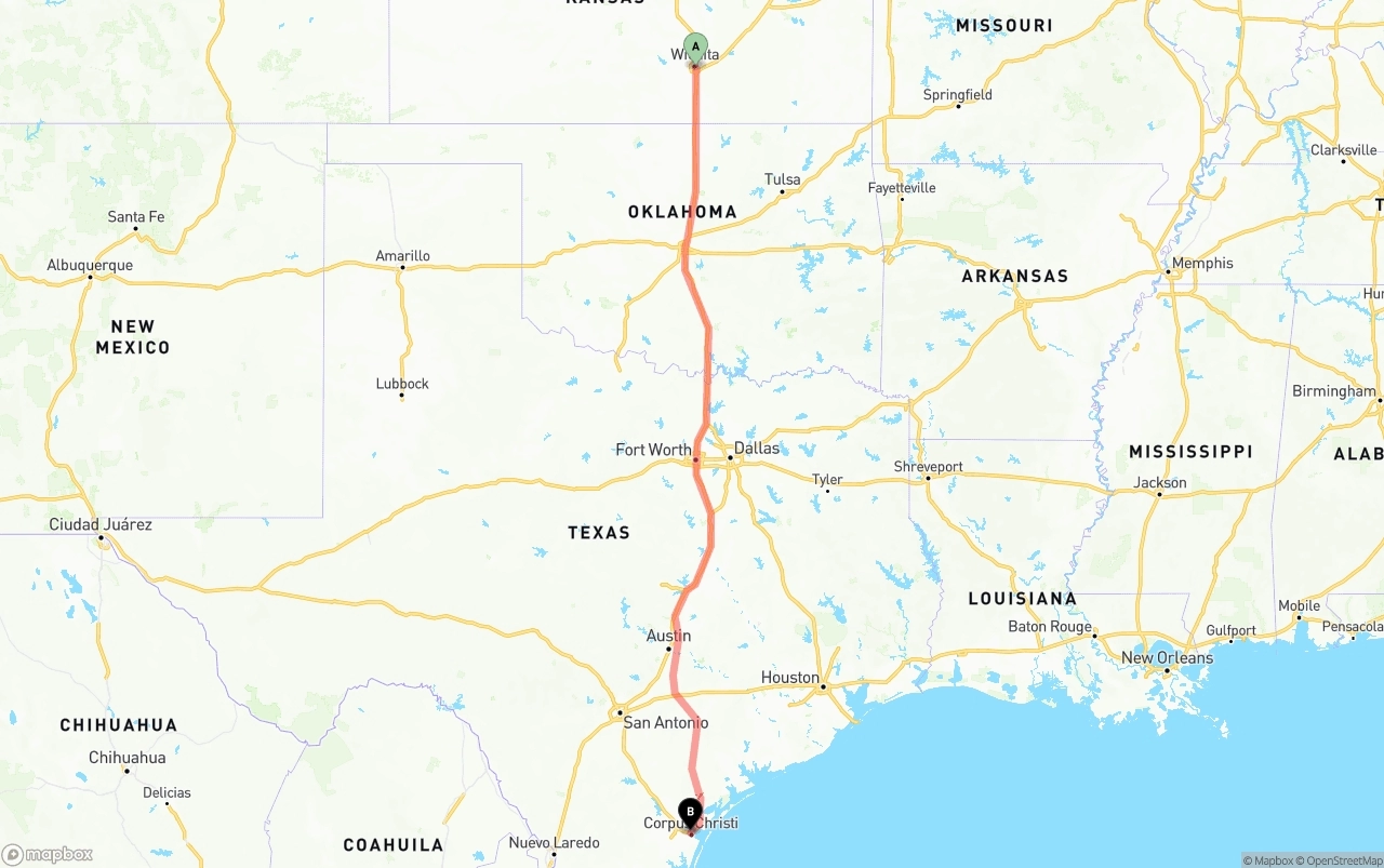 Shipping route from Wichita to Corpus Christi