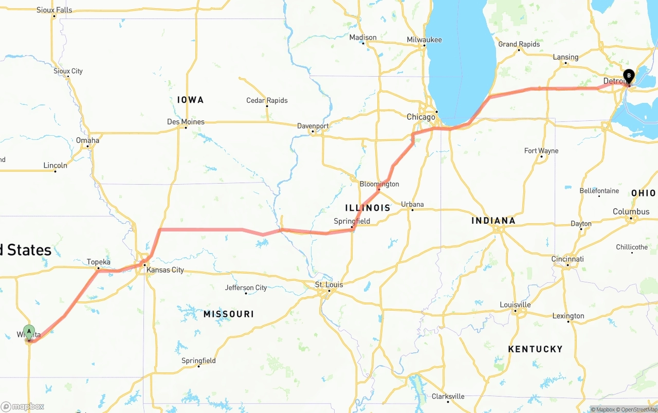 Shipping route from Wichita to Detroit