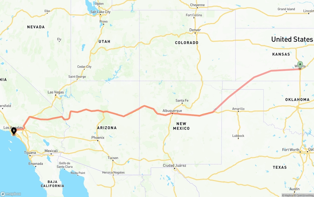 Shipping route from Wichita to Long Beach
