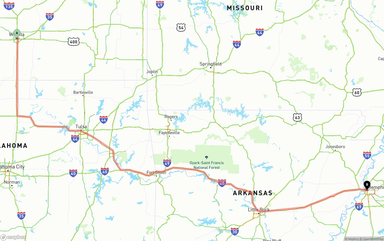 Shipping route from Wichita to Memphis