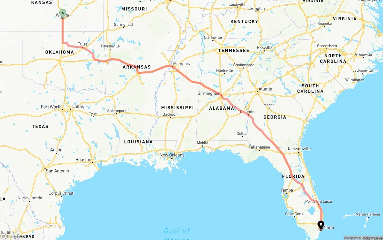 Shipping route from Wichita to Miami