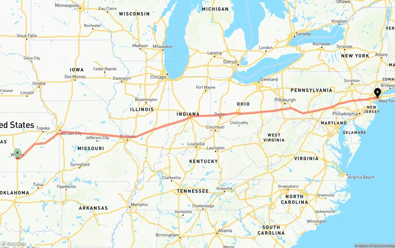 Shipping route from Wichita to New York City