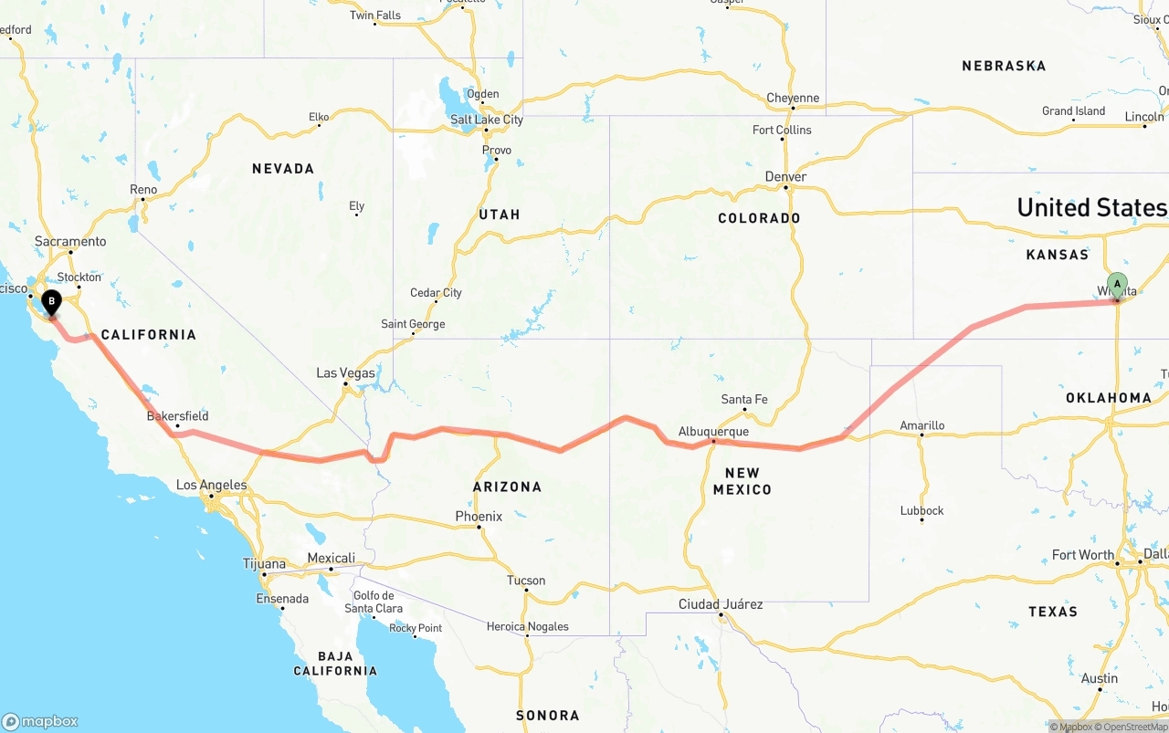 Shipping route from Wichita to Norman Y. Mineta San Jose International Airport