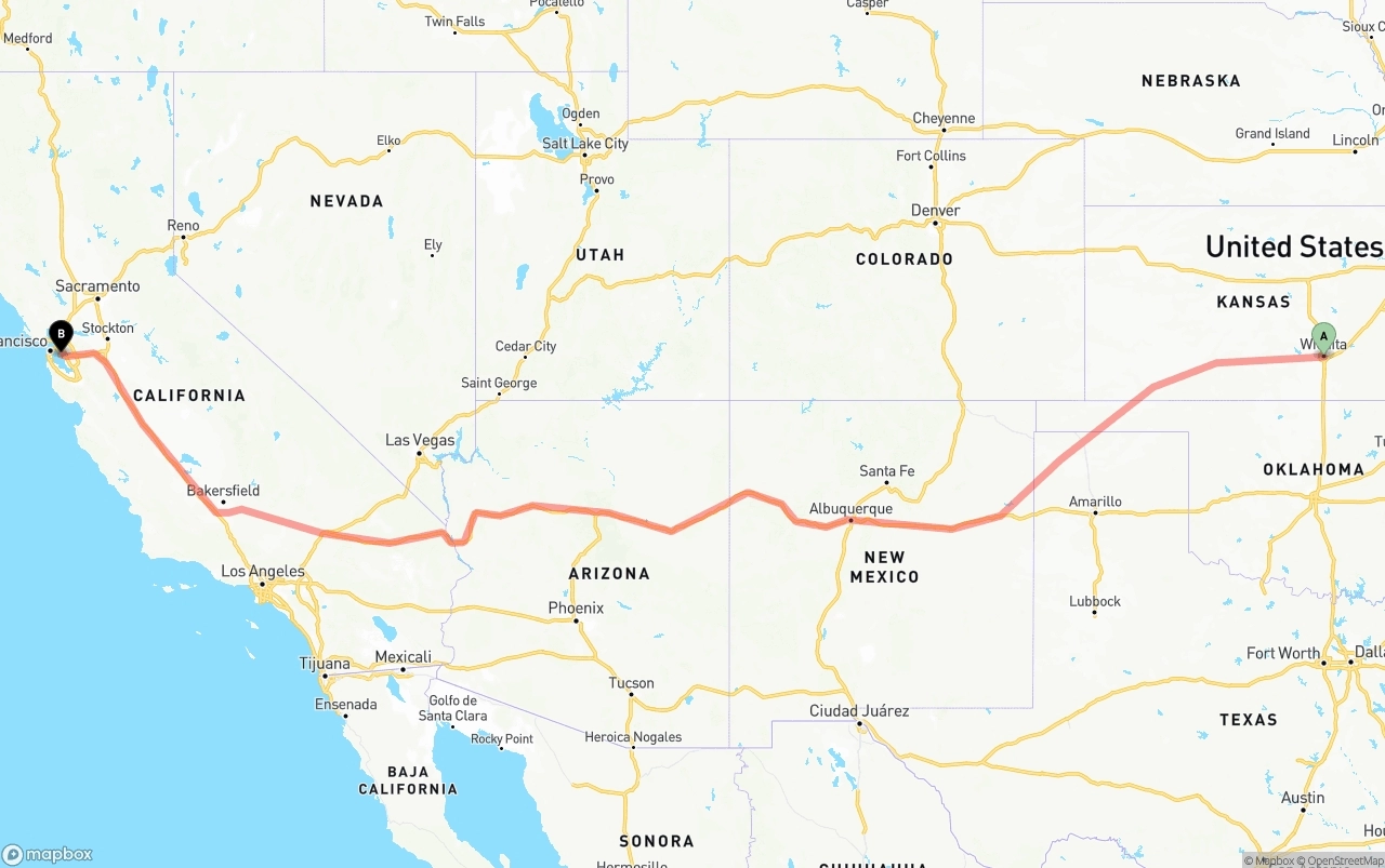 Shipping route from Wichita to Oakland International Airport