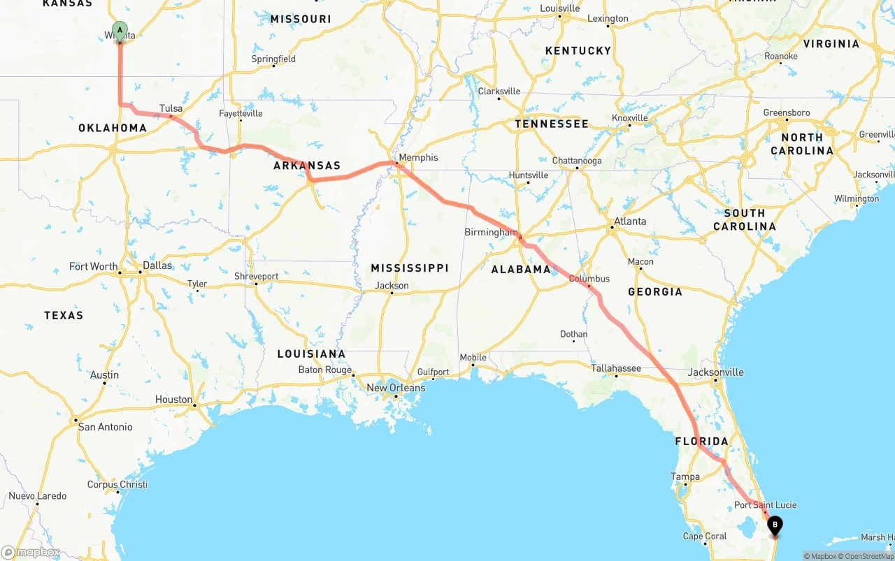 Shipping route from Wichita to Palm Beach International Airport