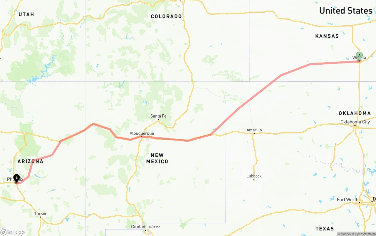 Shipping route from Wichita to Phoenix Sky Harbor International Airport