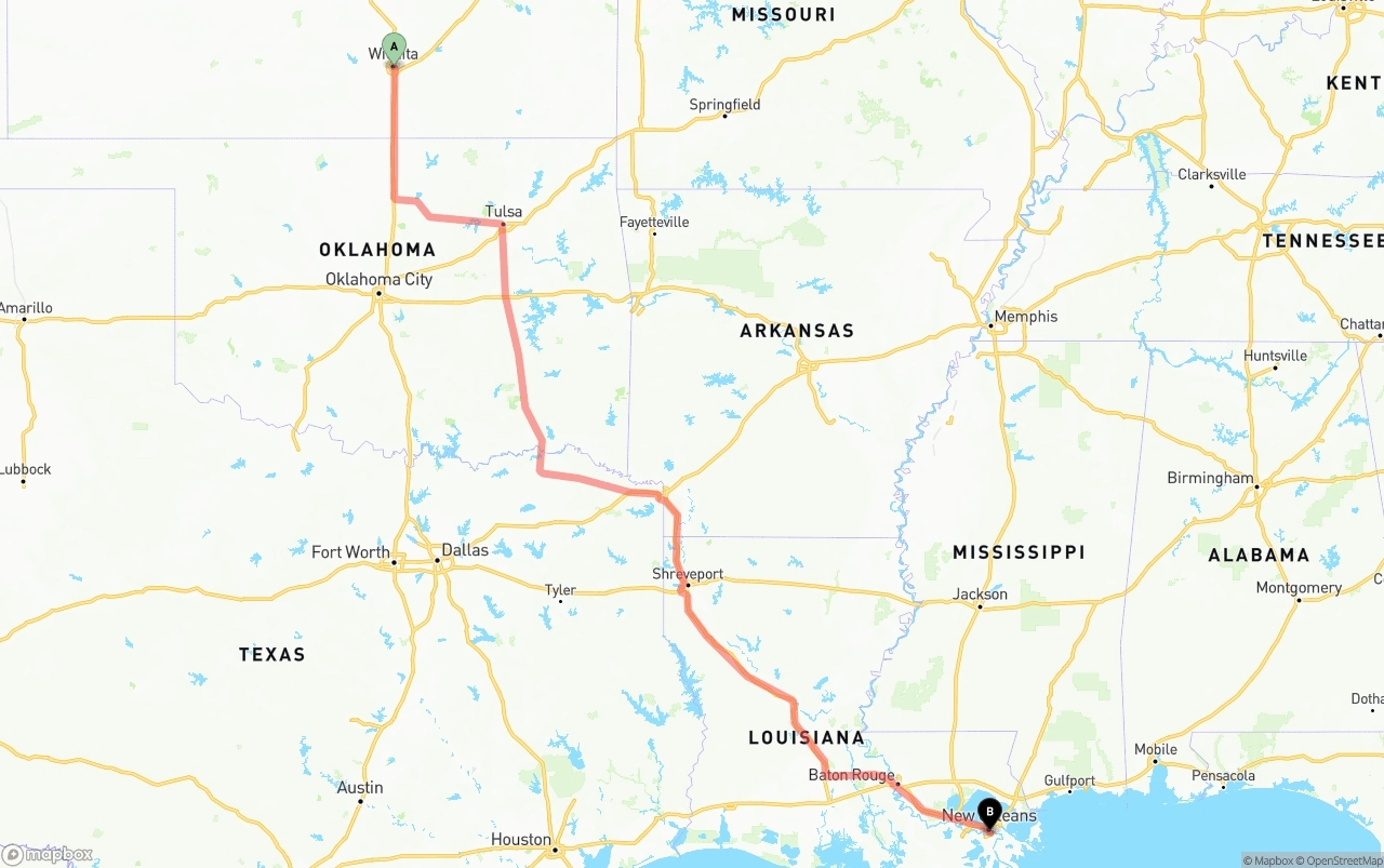Shipping route from Wichita to Port of New Orleans