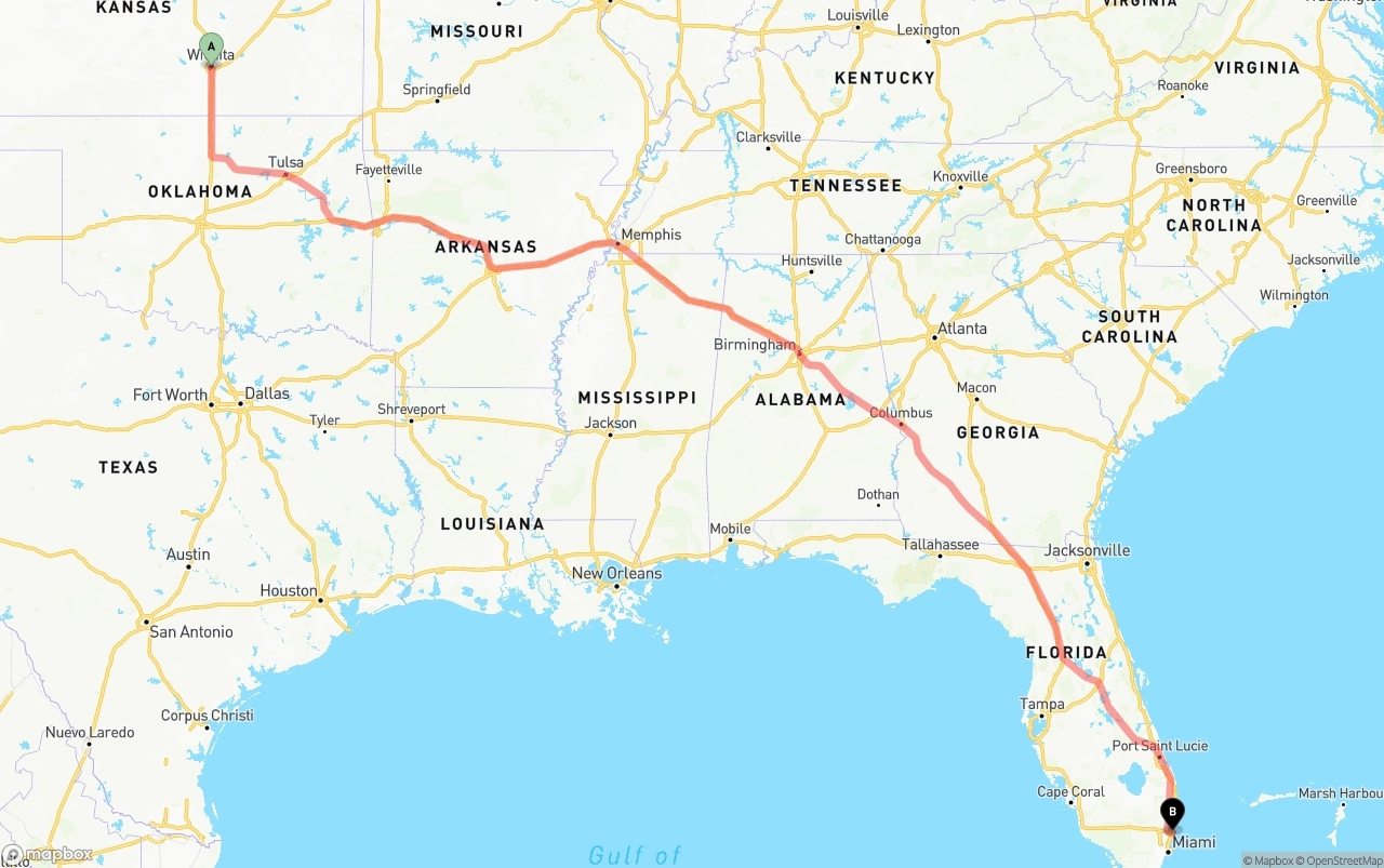 Shipping route from Wichita to Port of Port Everglades