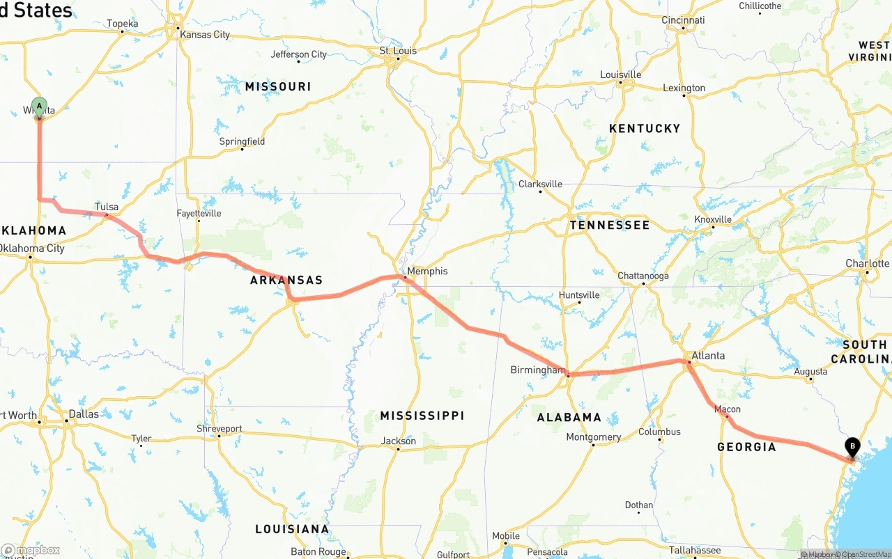 Shipping route from Wichita to Port of Savannah