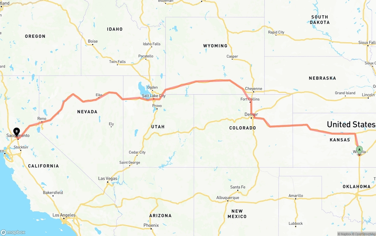Shipping route from Wichita to Sacramento International Airport
