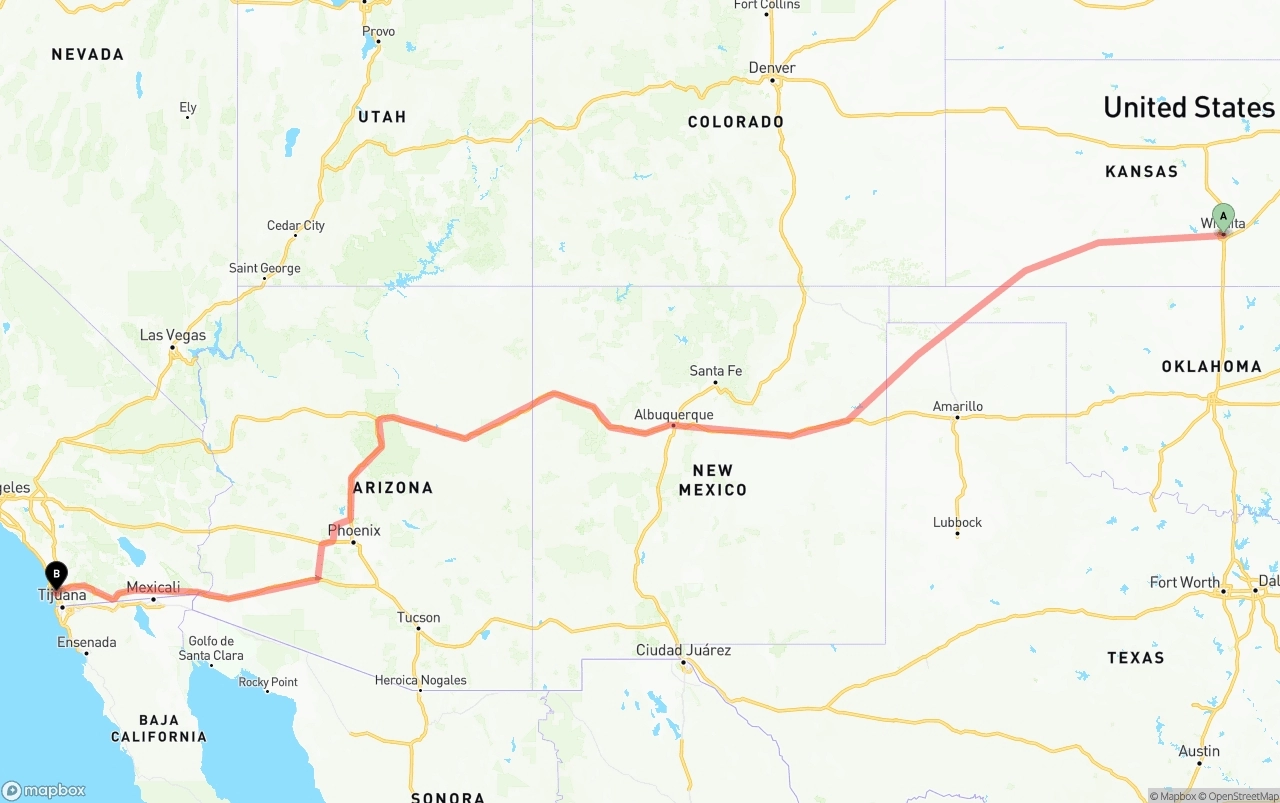 Shipping route from Wichita to San Diego