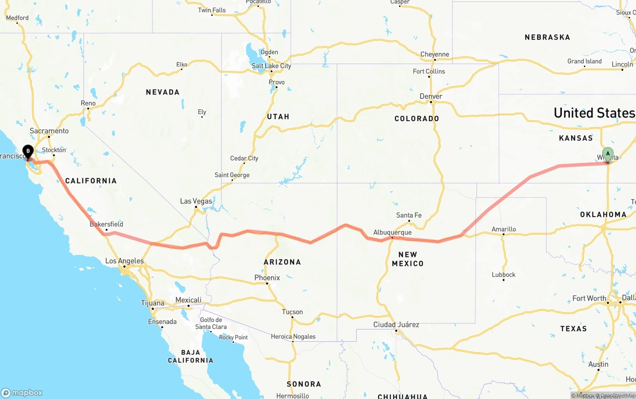 Shipping route from Wichita to San Francisco