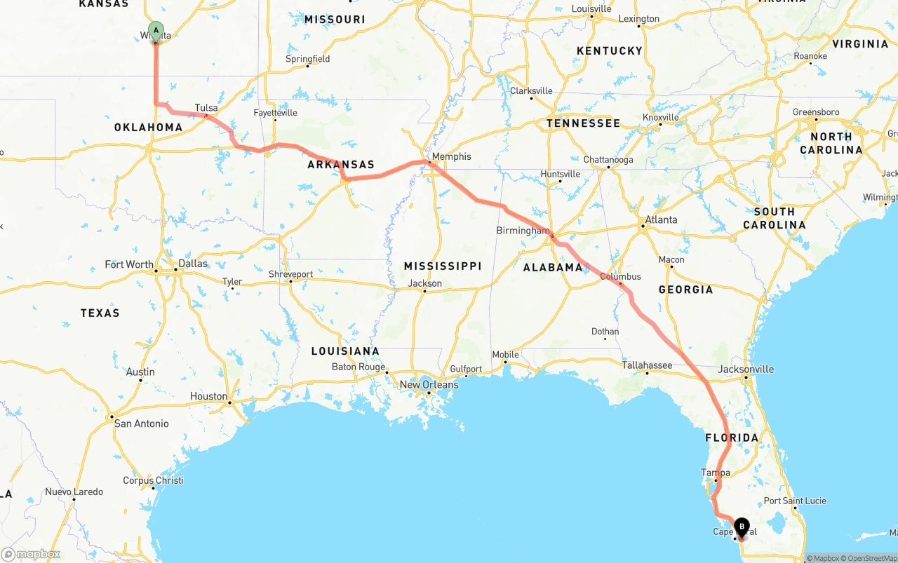 Shipping route from Wichita to Southwest Florida International Airport