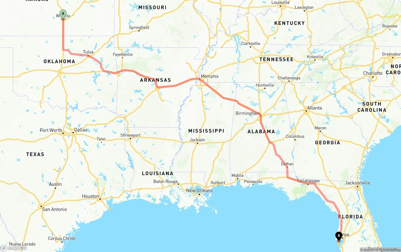 Shipping route from Wichita to St. Petersburg