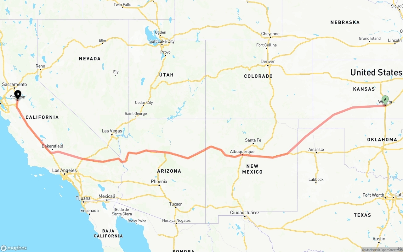 Shipping route from Wichita to Stockton