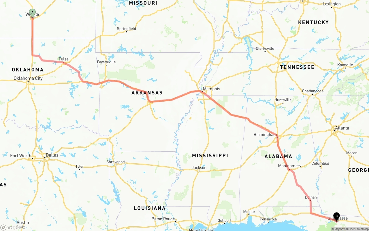 Shipping route from Wichita to Tallahassee