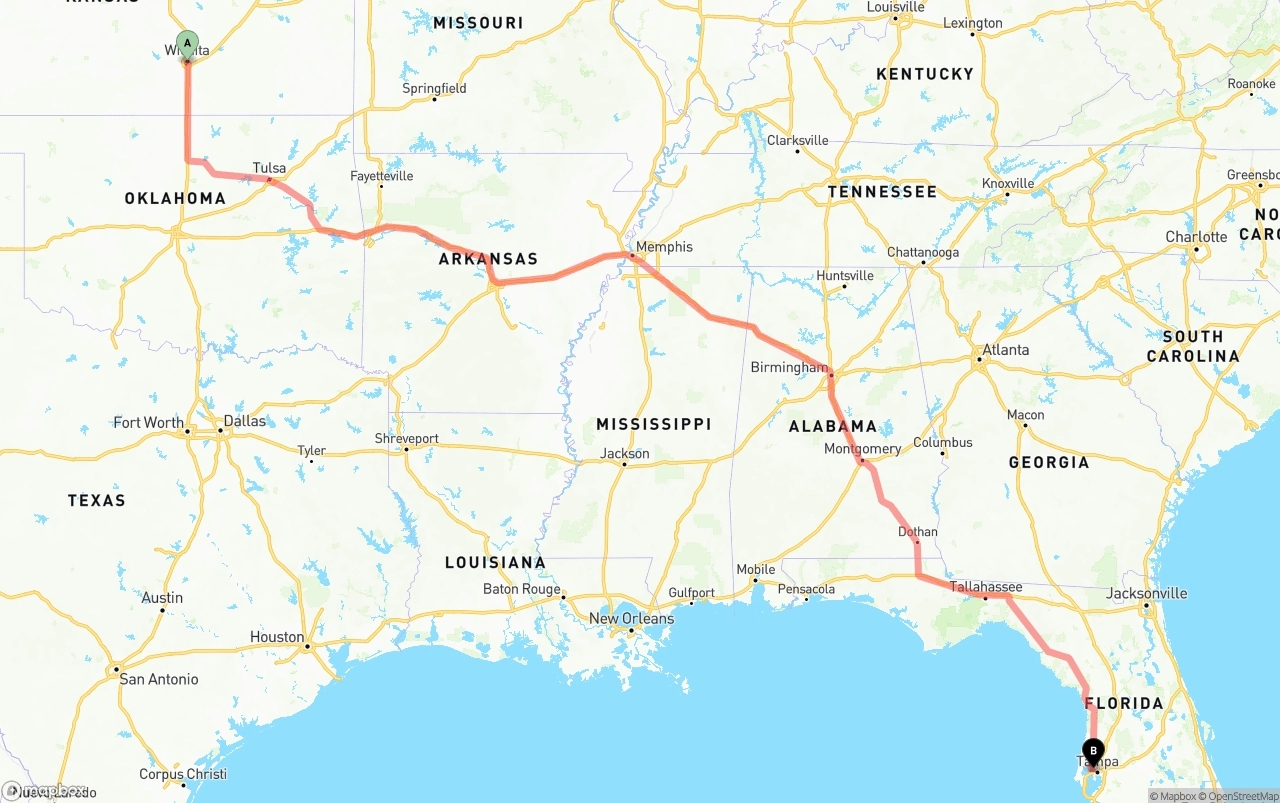 Shipping route from Wichita to Tampa International Airport