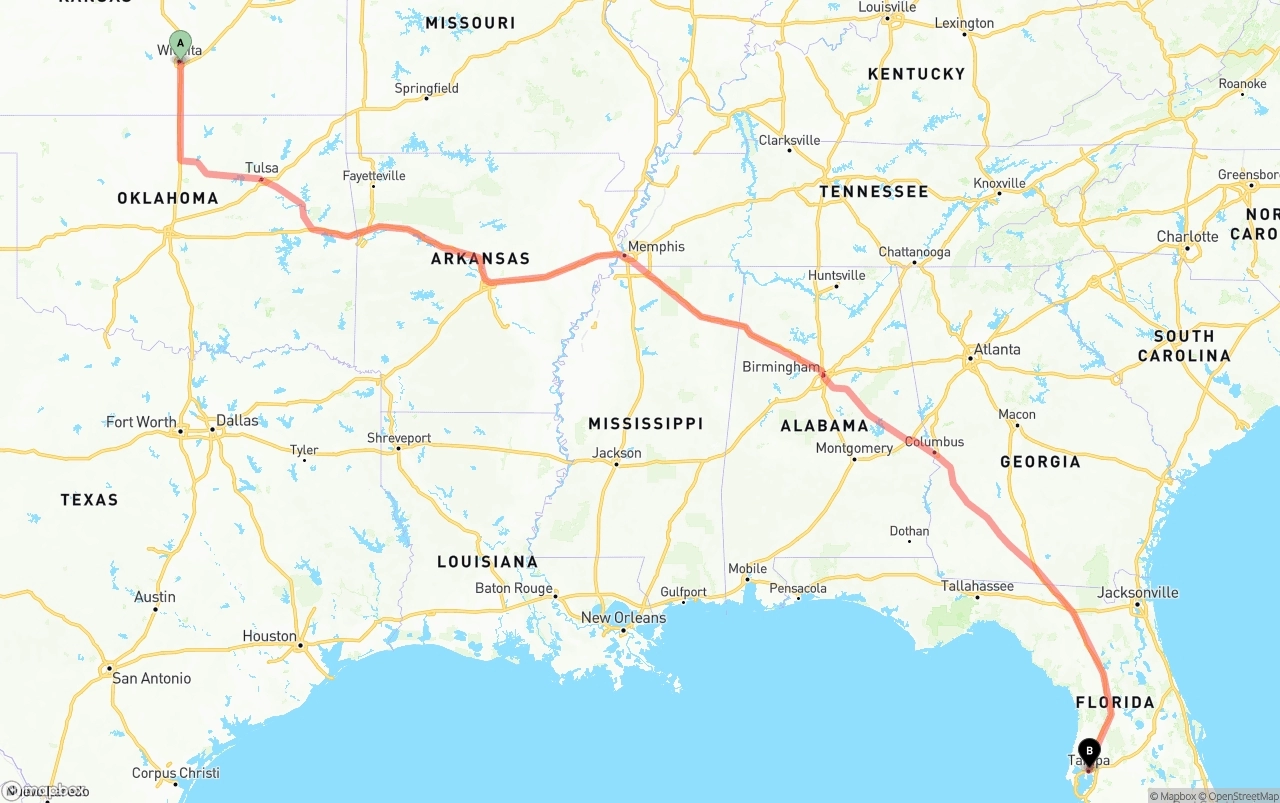 Shipping route from Wichita to Tampa