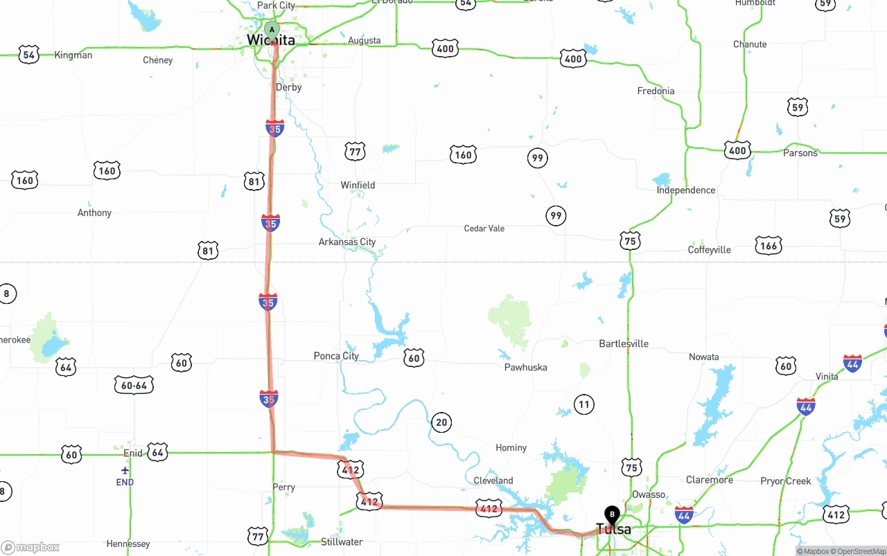 Shipping route from Wichita to Tulsa