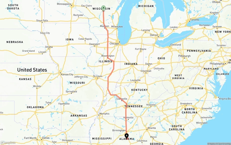 Wisconsin to Alabama freight shipping route map