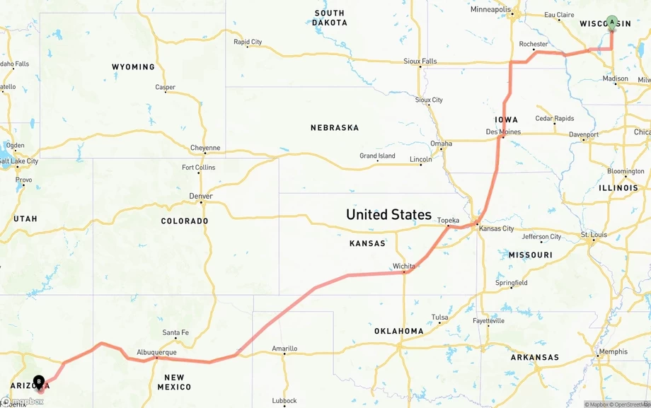 Wisconsin to Arizona freight shipping route map