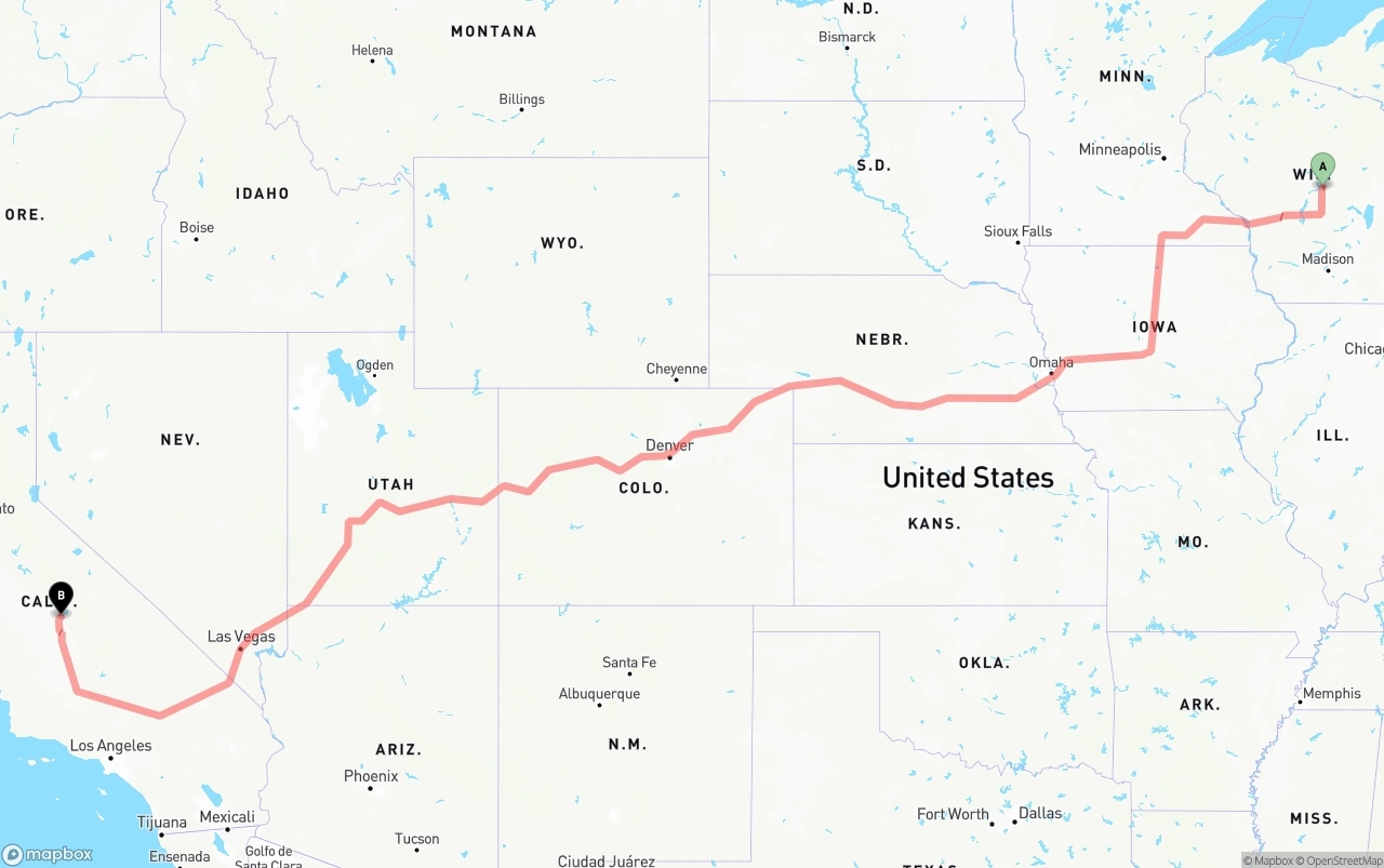 Shipping route from Wisconsin to California