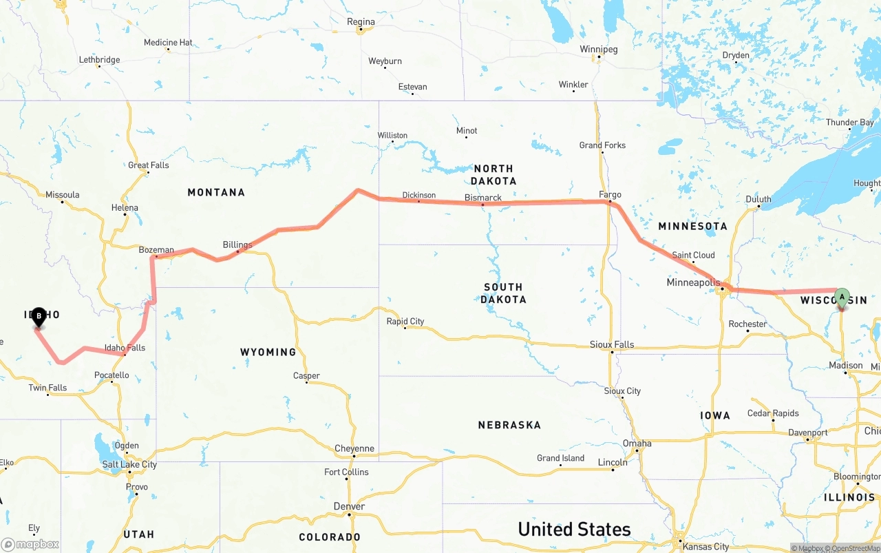 Shipping route from Wisconsin to Idaho