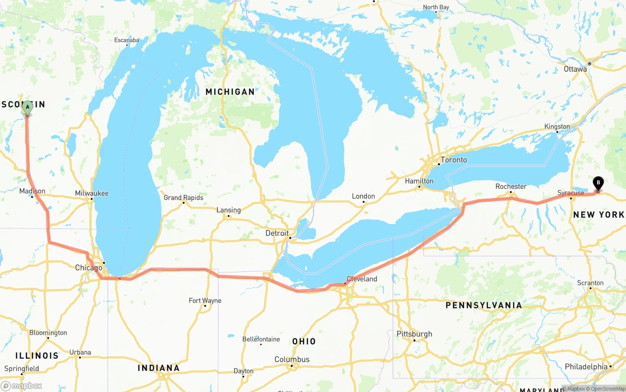 Shipping route from Wisconsin to New York