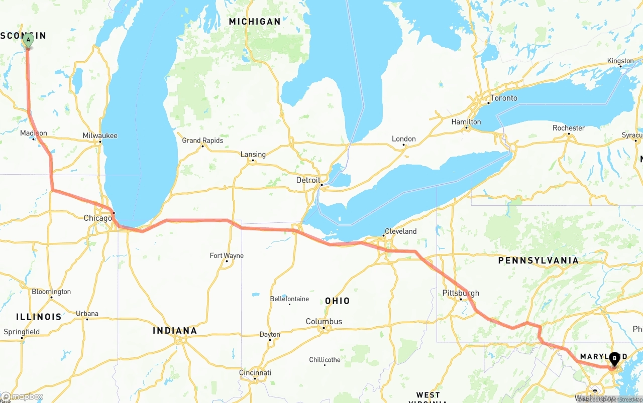 Shipping route from Wisconsin to Port of Baltimore