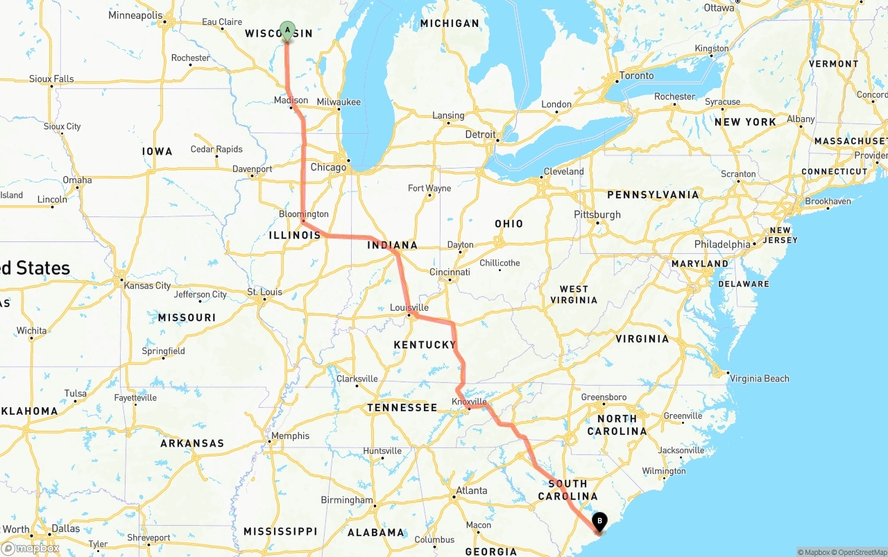 Shipping route from Wisconsin to Port of Charleston